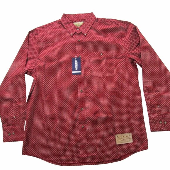 Wrangler Men's Long Sleeve Relaxed Fit Print Button Shirt Red/Burgundy - Picture 2 of 3